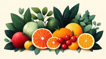 Illustrations of oranges, watermelons, kiwis, and various fruits