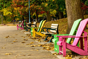colorful beach chairs and benches on a wooden boardwalk in fall with a background of trees and fallen leaves shot at Balmy Beach in Toronto's Beaches neighbourhood
