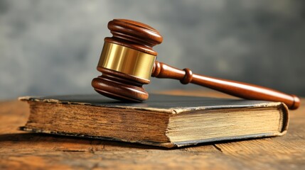 A judge's wooden gavel rests on top of an old legal book, symbolizing justice, law, and authority. The warm, rustic setting highlights tradition and the power of legal decision-making.