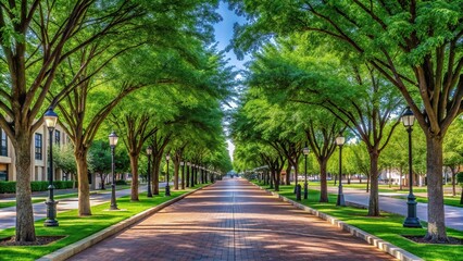 Obraz premium Symmetrical tree lined path in downtown Frisco TX Texas