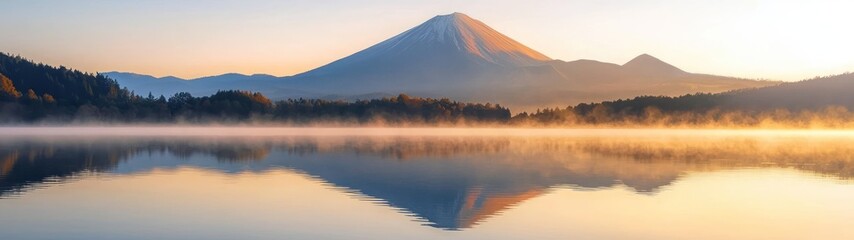 Obraz premium Volcanic Mountain at Sunrise Reflected in Lake