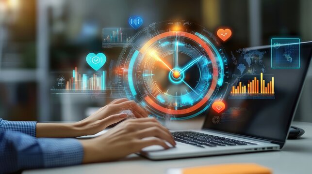 Data mastery: laptop centered workspace showcases efficient file management, task planning, time control, role of modern tools in data visualization and technology driven organization.