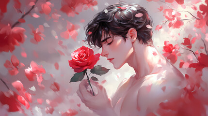 Naklejka premium Romantic Anime Fitness Guy with Rose: Valentine's Illustration
