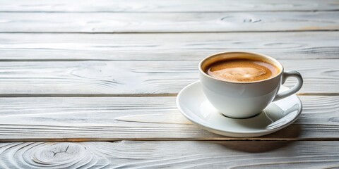 Obraz premium A cup of coffee on a white wood table with a shallow depth of field. The cup is positioned at the bottom right of the image with plenty of copy space.