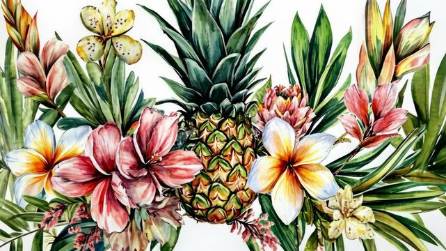 A watercolor painting featuring a pineapple surrounded by colorful tropical flowers