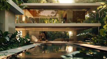 Modern Concrete House with Swimming Pool and Lush Greenery