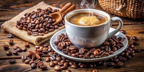 A steaming cup of coffee nestled amongst roasted beans, a delightful aroma fills the air as the warmth of the drink promises a comforting moment