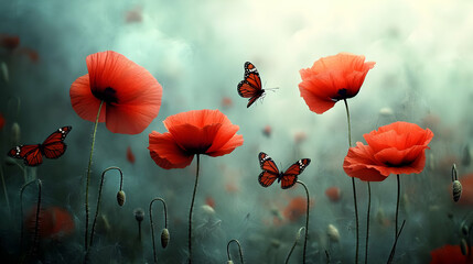 Obraz premium Poppy Flowers and Butterflies Illustration