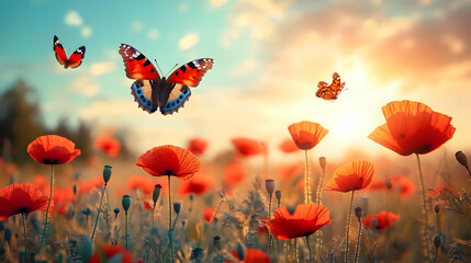 Obraz premium Poppy Field Sunset with Butterflies Illustration