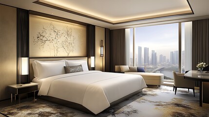Obraz premium Modern Hotel Room with City View and Elegant Interior Design.