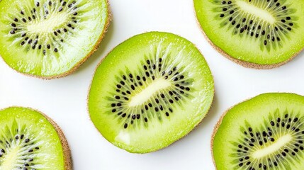 Fototapeta premium Five slices of kiwi fruit arranged in a pattern on a white background.