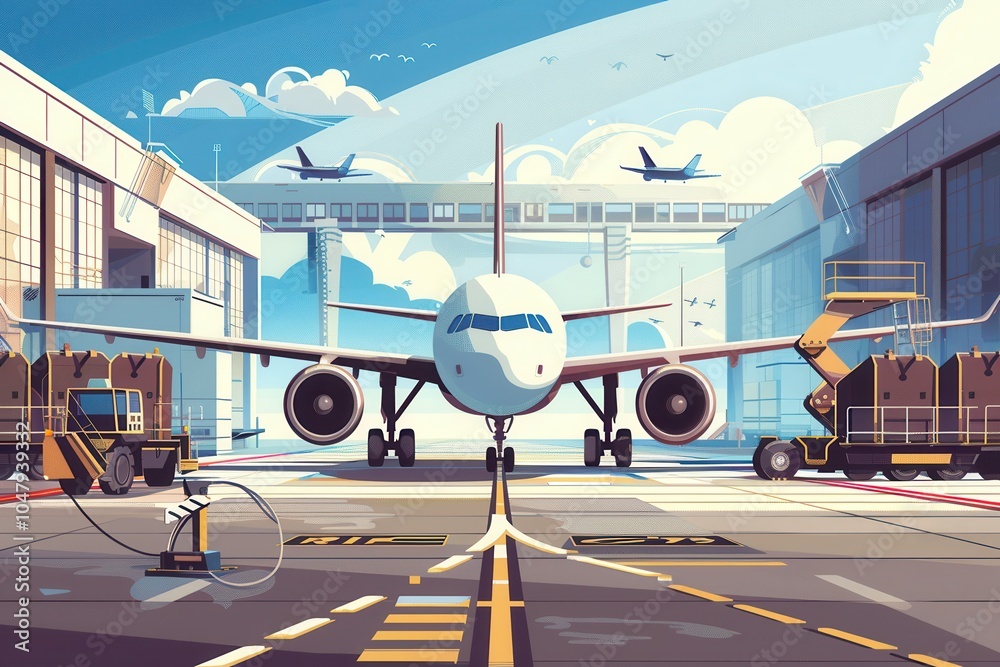 Poster A cargo airplane stands ready on the runway as ground crew surrounds it with loading and unloading equipment, preparing for transport. Generative AI