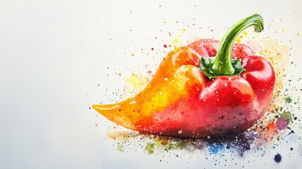 A beautiful watercolor painting of a pepper, showcasing its colors and shapes artistically against a bright white canvas