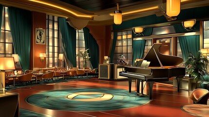 Obraz premium Grand Piano in a Luxurious Vintage Lounge with a Circular Rug.