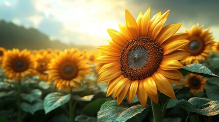 Obraz premium Vibrant sunflowers basking in sunlight in a serene field.