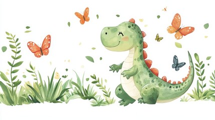 A charming dinosaur enjoying a sunny day, with butterflies fluttering around, beautifully illustrated on a clean white backdrop
