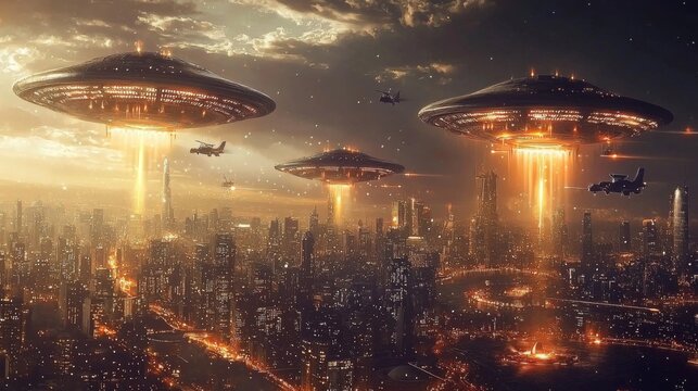 Alien Invasion over Earth Skyline : A dramatic scene of an alien invasion, with massive alien ships hovering over Earth major cities