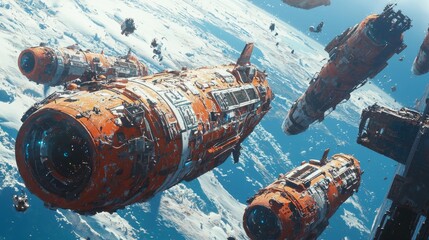 Spaceship Graveyard in Orbit : A massive graveyard of derelict spaceships floating in orbit around a decaying planet