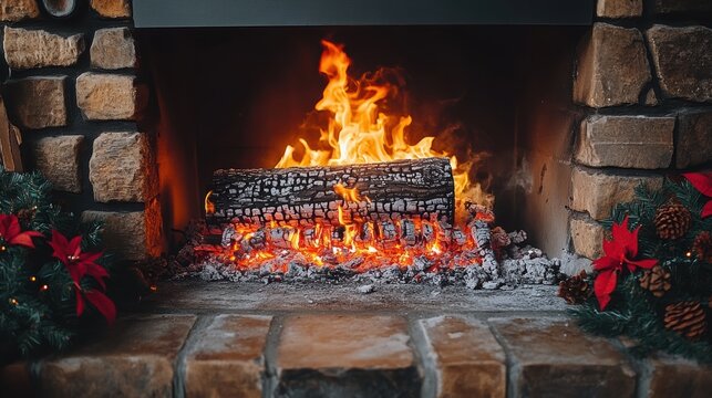 A traditional Yule log burning in a fireplace, surrounded by holiday decorations, with flickering flames casting a warm, golden glow in a rustic winter setting