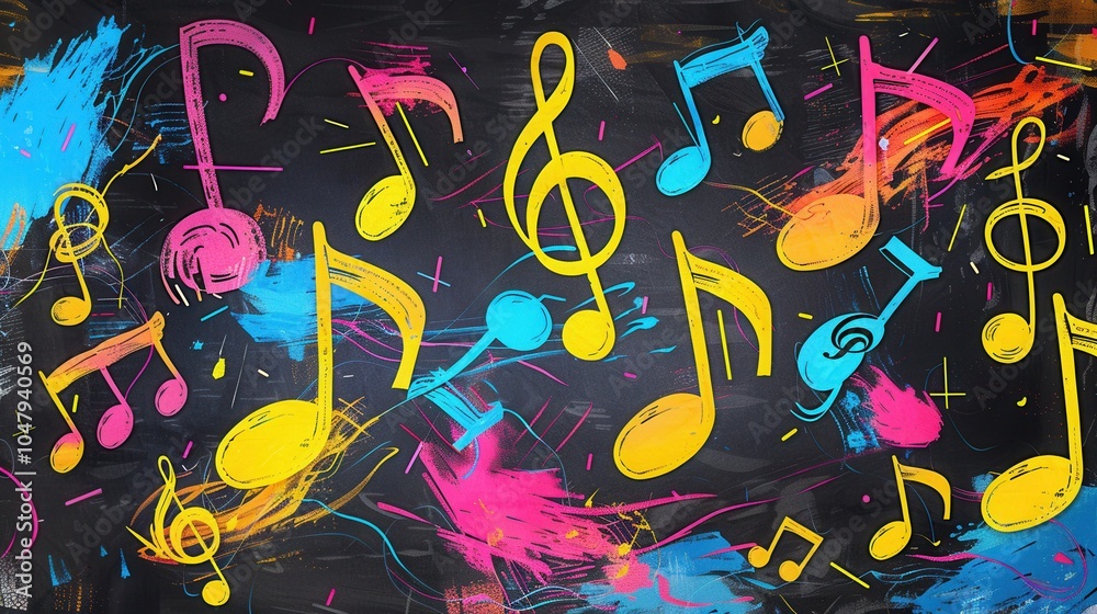 Aufkleber A chalkboard is adorned with colorful brushstrokes blending with musical notes, creating a vibrant display in a creative learning space. Generative AI