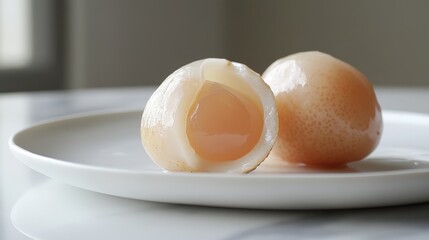 A close-up of peeled lychee fruit resting on a white plate, highlighting its juicy texture and glossy appearance against a clean backdrop