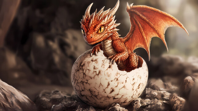 A baby dragon hatching from its egg. Dragon Egg Hatching. Illustration