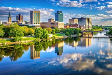 Fototapeta premium Symmetrical view of Cedar Rapids Iowa skyline overlooking the Cedar River