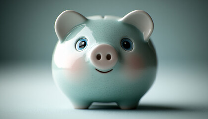 Charming white piggy bank against a soft blue background, perfect for savings themes, financial planning, or children's events. Ideal for articles, blogs, and ads for finance.