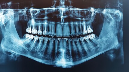 Dental X-ray showing teeth alignment and potential dental issues.