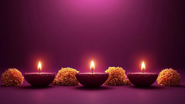 Diwali banner, purple background illustration with gradient and marigold flowers around, copy space in the center, diyas glowing softly in each corner of the banner, Ai generated images