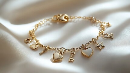 Elegant Gold Charm Bracelet on Soft Fabric Background