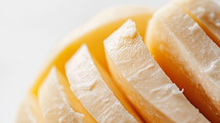 A close-up view of a sliced canistel, revealing its creamy texture and rich color, set against a clean white backdrop for emphasis