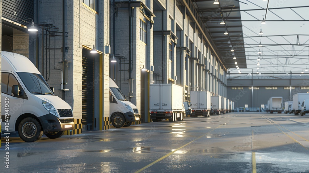 Leinwandbilder Trucks and vans are parked in a warehouse, ready for loading operations and scheduling during the busy daytime hours. Generative AI