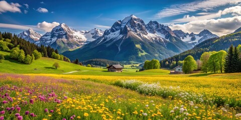 Fototapeta premium A picturesque meadow with wildflowers in bloom, set against a backdrop of snow-capped mountains and a clear blue sky.