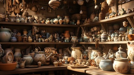 Antique Pottery Shop with a Collection of Vintage Vases and Jars.