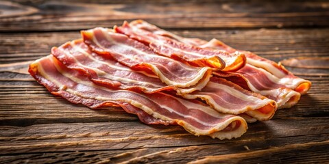 Obraz premium Crisp, golden-brown bacon strips arranged on a rustic wooden surface, showcasing their rich flavor and appealing texture.