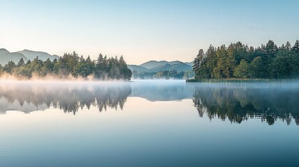 Fototapeta premium Tranquil lake with morning mist reflecting the trees and mountains on the surface.