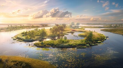 Aerial View of a Serene Island in a Lake with a City Skyline in the Distance