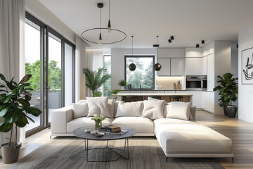 Fototapeta premium Bright, open-plan living room featuring neutral tones, a modern L-shaped sofa, and a seamless transition into the kitchen with a central island.