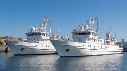 Two Research Vessels Docked in a Harbor.