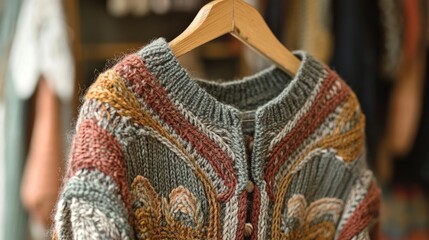 Naklejka premium Cozy Handcrafted Knitwear Hanging on a Wooden Hanger