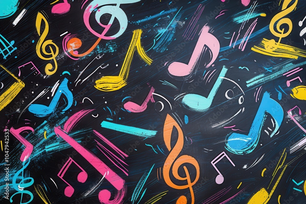 Fototapete a chalkboard features lively brushstrokes interwoven with musical notes, creating an engaging artist