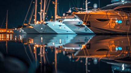 Fototapeta premium Yachts Docked at Night, Water Reflection