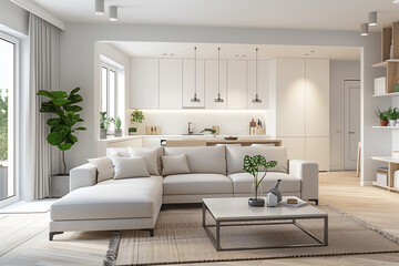 Fototapeta premium Bright, open-plan living room featuring neutral tones, a modern L-shaped sofa, and a seamless transition into the kitchen with a central island.