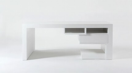White modern desk with built-in shelves and drawers, isolated on white background.