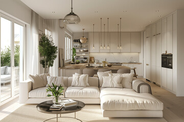 Fototapeta premium Bright, open-plan living room featuring neutral tones, a modern L-shaped sofa, and a seamless transition into the kitchen with a central island.