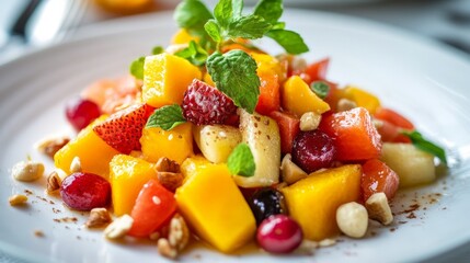 A colorful durian salad featuring diced fruit and nuts, beautifully styled on a white plate for a healthy and appealing dish