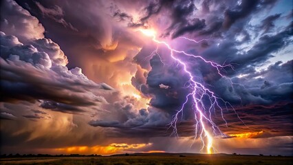 Fototapeta premium A Dramatic Lightning Strike Illuminates the Sky with a Fiery Sunset as Storm Clouds Gather Over a Distant Meadow