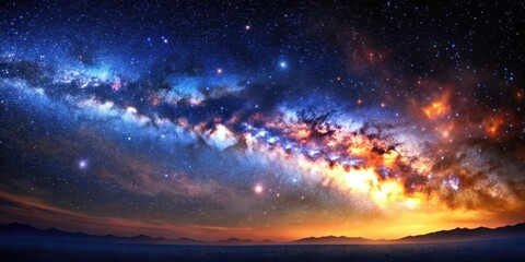 Fototapeta premium A celestial tapestry woven with stardust and cosmic dust, a vibrant spectacle of the Milky Way galaxy spanning the night sky above a distant horizon.