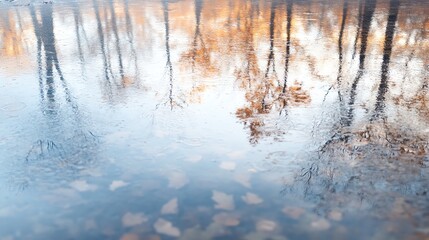 Autumn trees reflected in calm water with floating leaves, capturing a serene and picturesque seasonal landscape in soft focus.